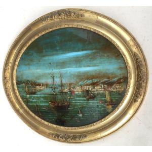 Fixed-under-glass. Marine, Port View. Golden Stucco Frame. France Or Italy 19th.