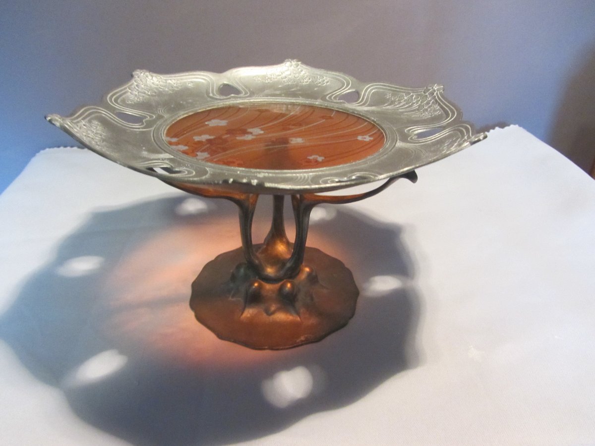 ANCIENNE COUPE SUR PIED EN ETAIN  ART NOUVEAU PAR ORIVIT ET VAL SAINT LAMBERT