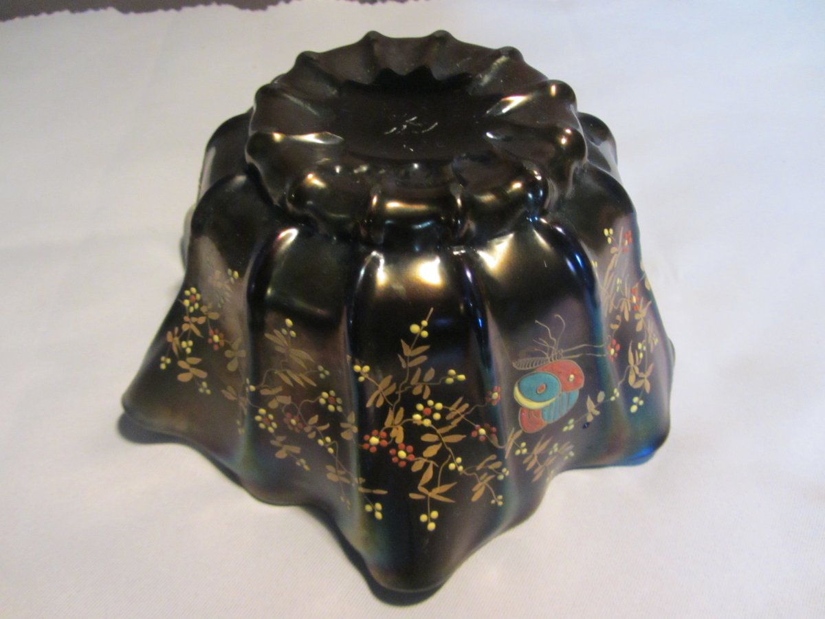 Art Nouveau Iridescent Enameled Glass Bowl/tray, Butterfly Design-photo-3