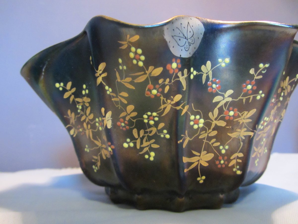 Art Nouveau Iridescent Enameled Glass Bowl/tray, Butterfly Design-photo-3