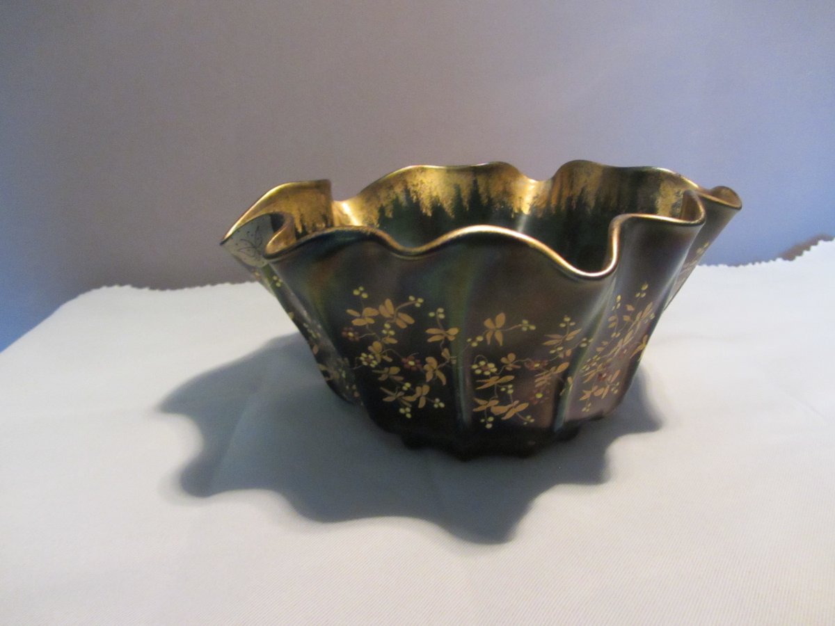 Art Nouveau Iridescent Enameled Glass Bowl/tray, Butterfly Design
