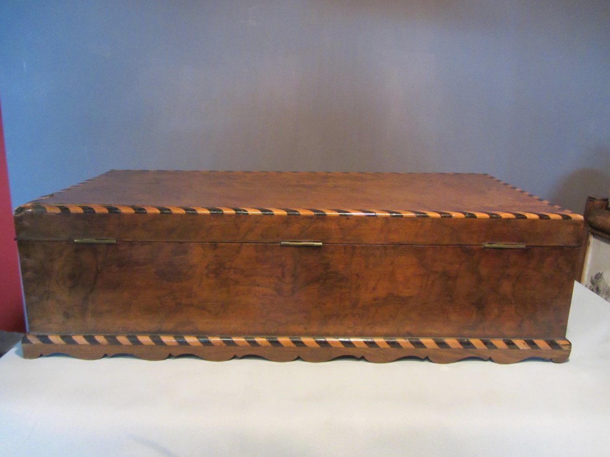 GRAND COFFRET ANCIEN EN BOIS DE LOUPE ORME STYLE BIEDERMEIER EPOQUE NAPOLEON III-photo-4