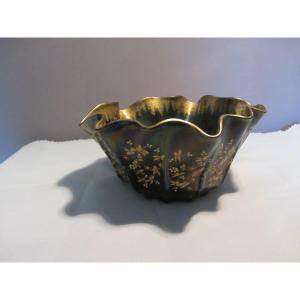 COUPE/ VIDE POCHE ART NOUVEAU EN VERRE IRISE EMAILLE MODELE PAPILLON