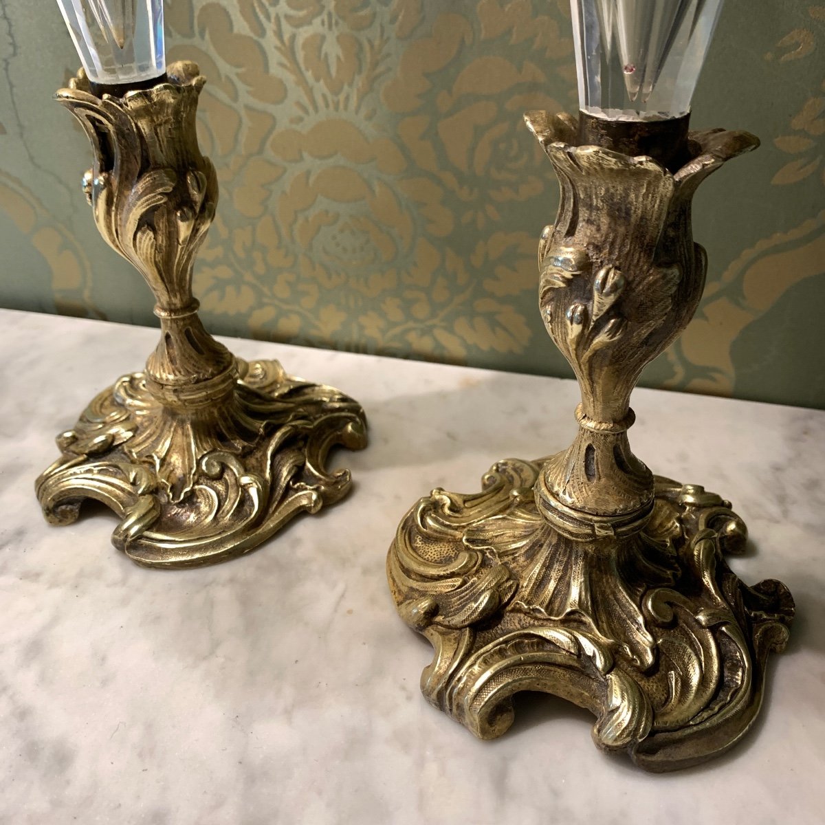 Pair Of Gilded Bronze And Crystal Soliflores Horn Vases 20th Century-photo-4