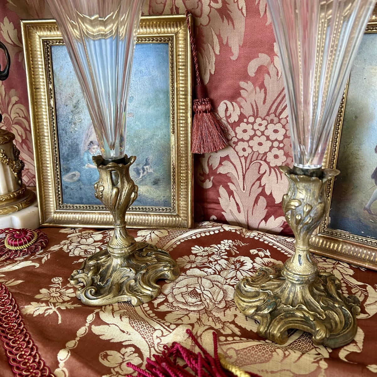 Paire De Vases Cornets Soliflores en Cristal et Bronze Doré XXème Siècle-photo-2