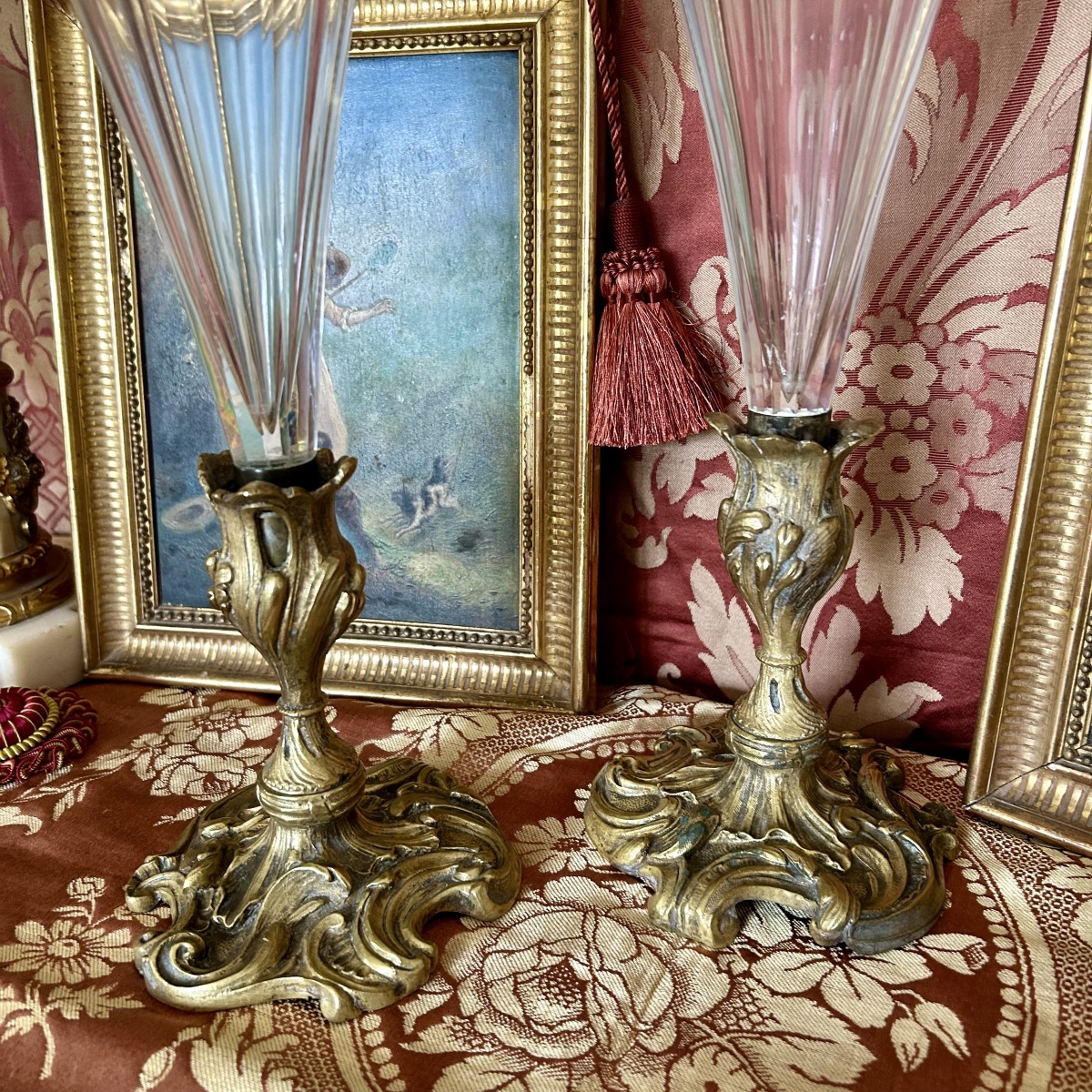 Paire De Vases Cornets Soliflores en Cristal et Bronze Doré XXème Siècle-photo-4