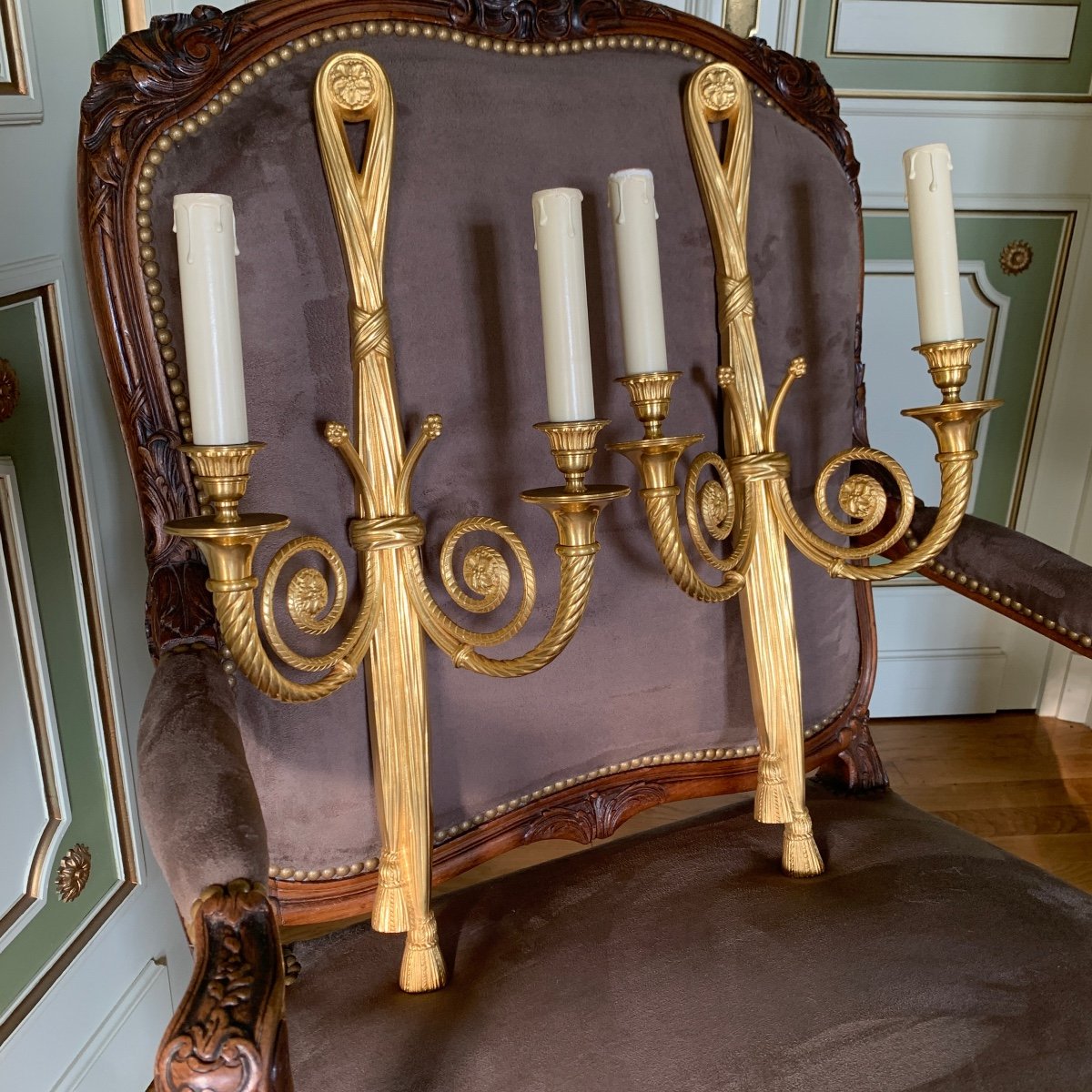 Pair Of Large Gilded Bronze Wall Lights-photo-4