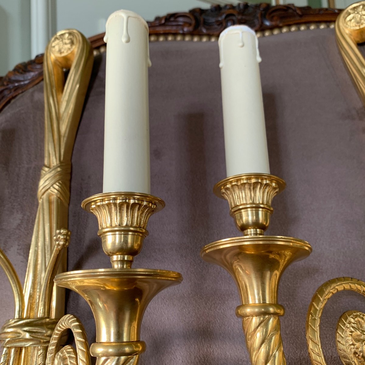 Pair Of Large Gilded Bronze Wall Lights-photo-6