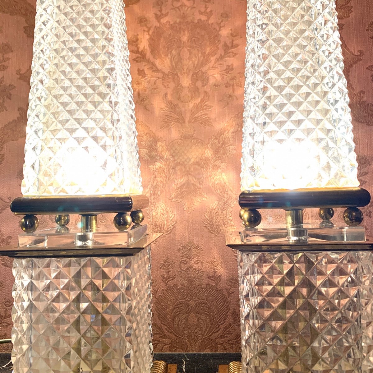 Pair Of Large Cut Crystal Obelisk Lamps-photo-2