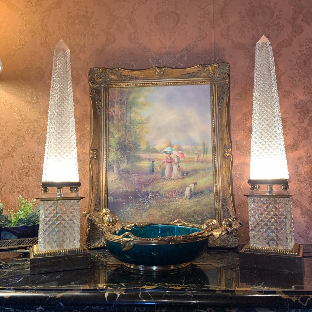 Pair Of Large Cut Crystal Obelisk Lamps-photo-4