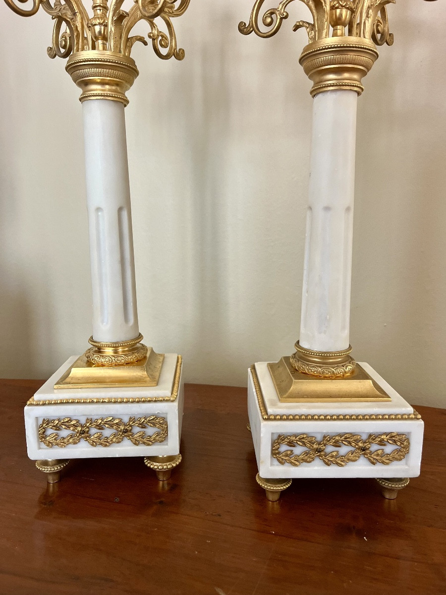 Pair Of White Marble And Gilded Bronze Candelabra - 19th Century-photo-2