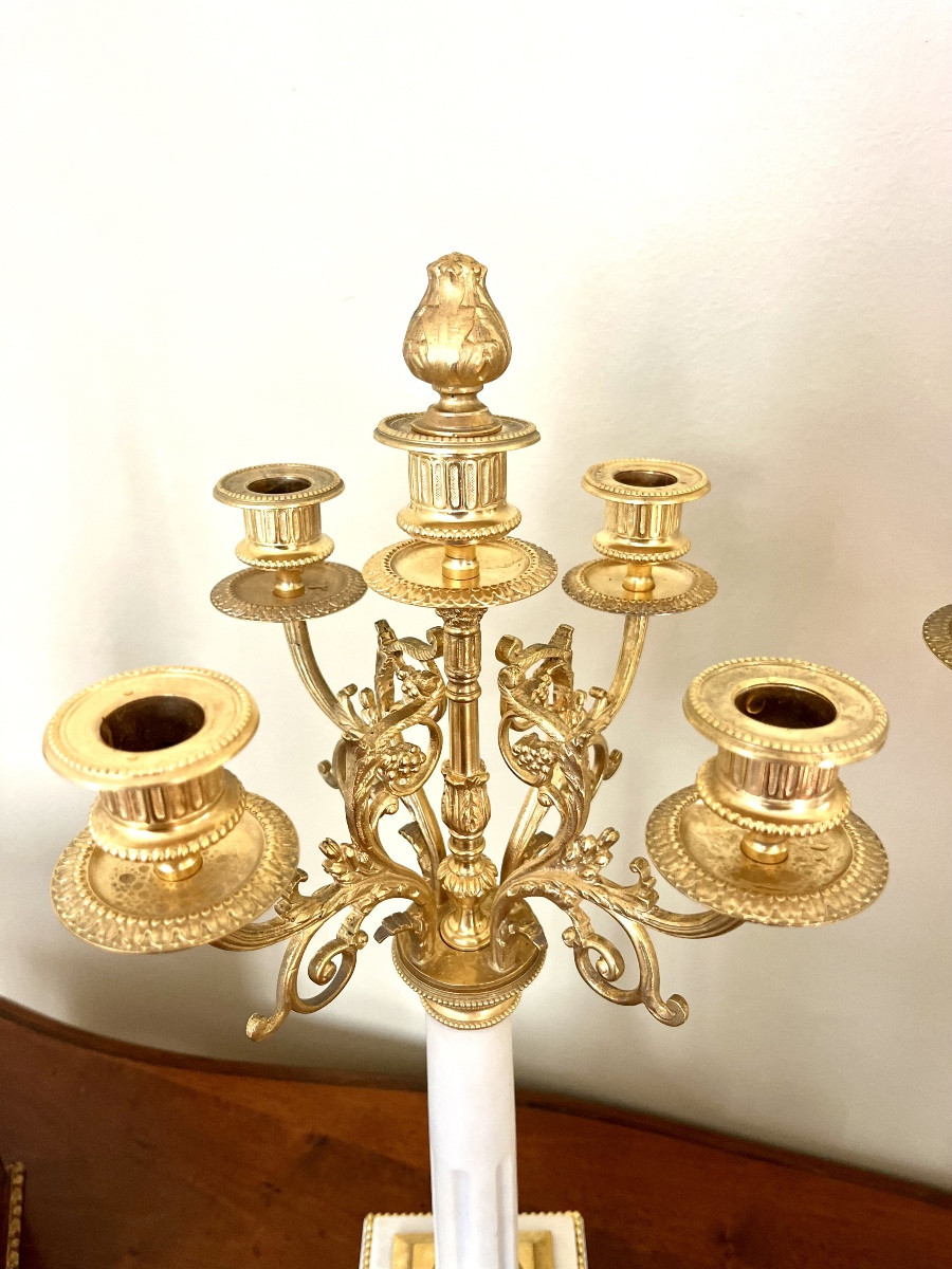 Pair Of White Marble And Gilded Bronze Candelabra - 19th Century-photo-4
