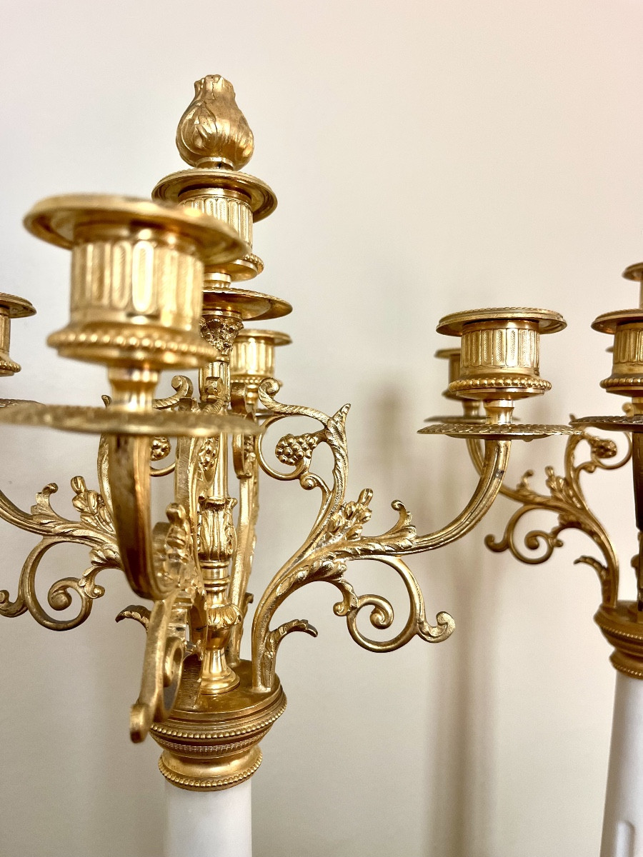 Pair Of White Marble And Gilded Bronze Candelabra - 19th Century-photo-2
