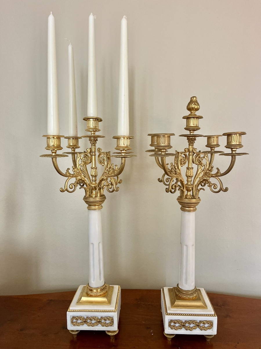 Pair Of White Marble And Gilded Bronze Candelabra - 19th Century-photo-5