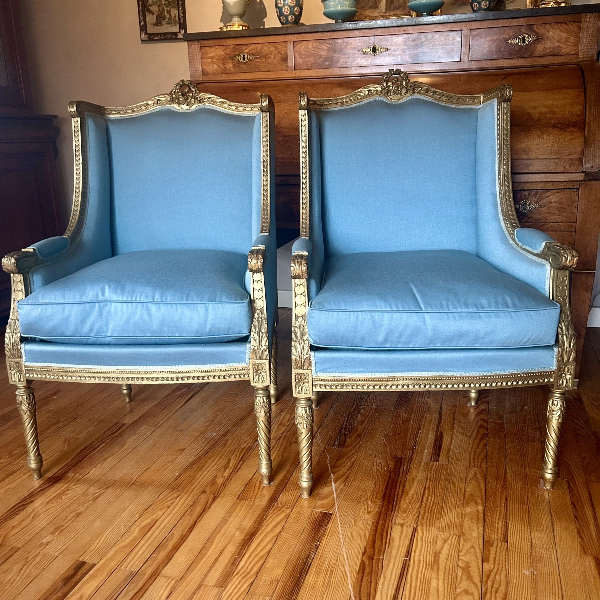 Paire de Bergères à Oreilles de Style Louis XVI vers 1900-photo-2