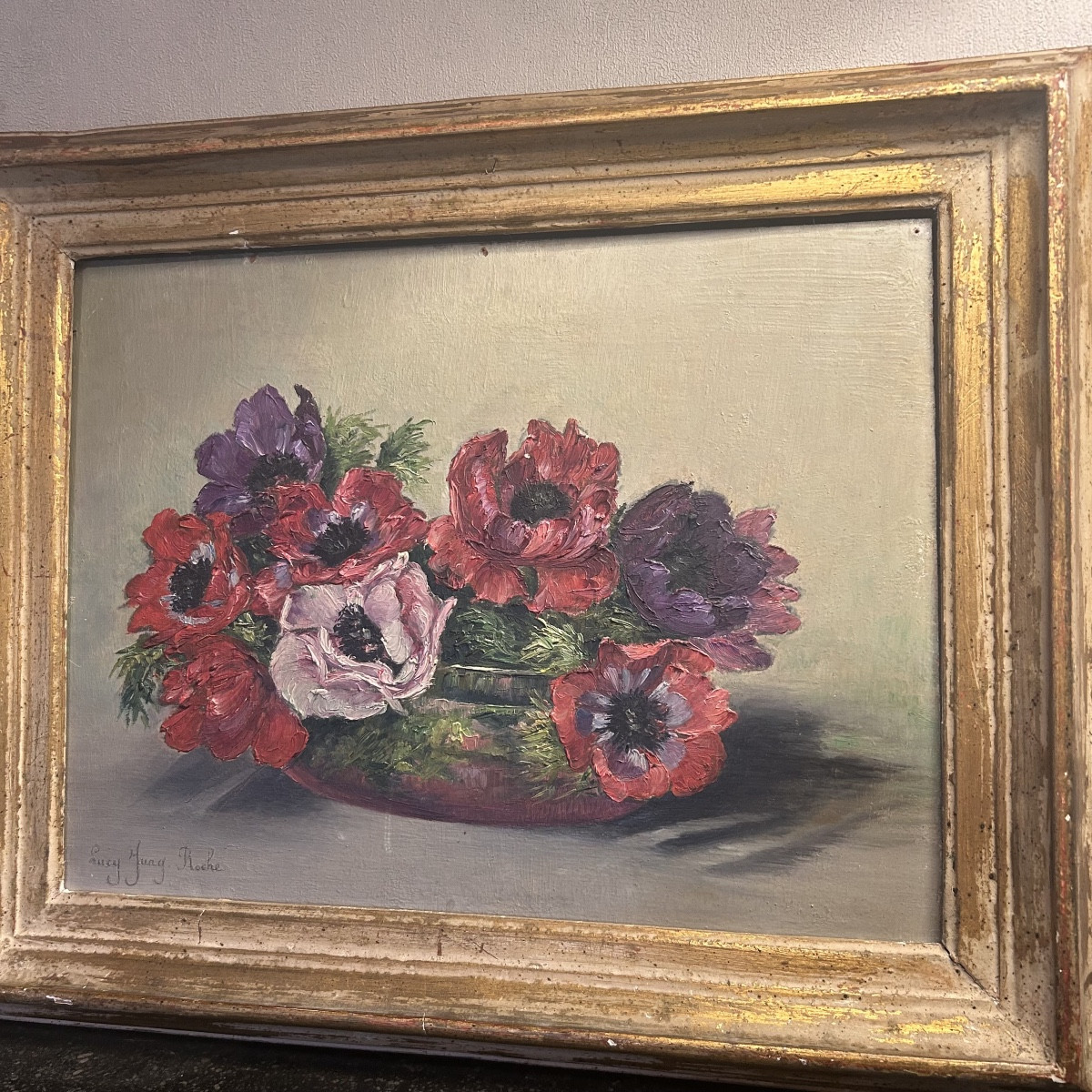Hsp Painting, Still Life With Flowers, “pensées,” Signed Lucy Jung Roche, 20th Century-photo-2