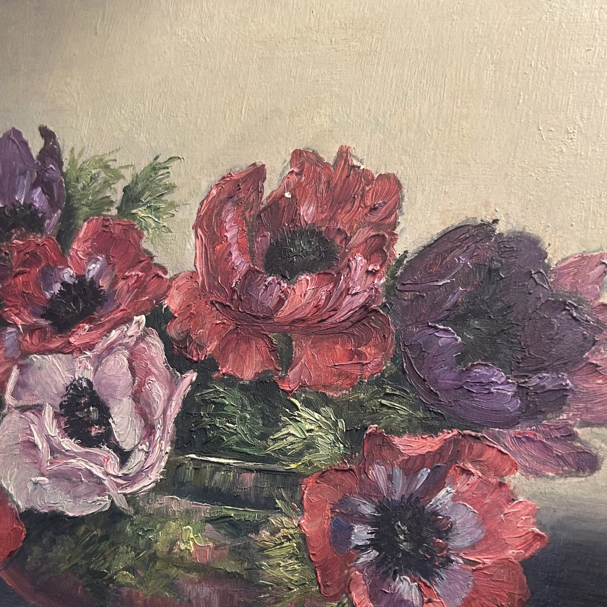 Hsp Painting, Still Life With Flowers, “pensées,” Signed Lucy Jung Roche, 20th Century-photo-3
