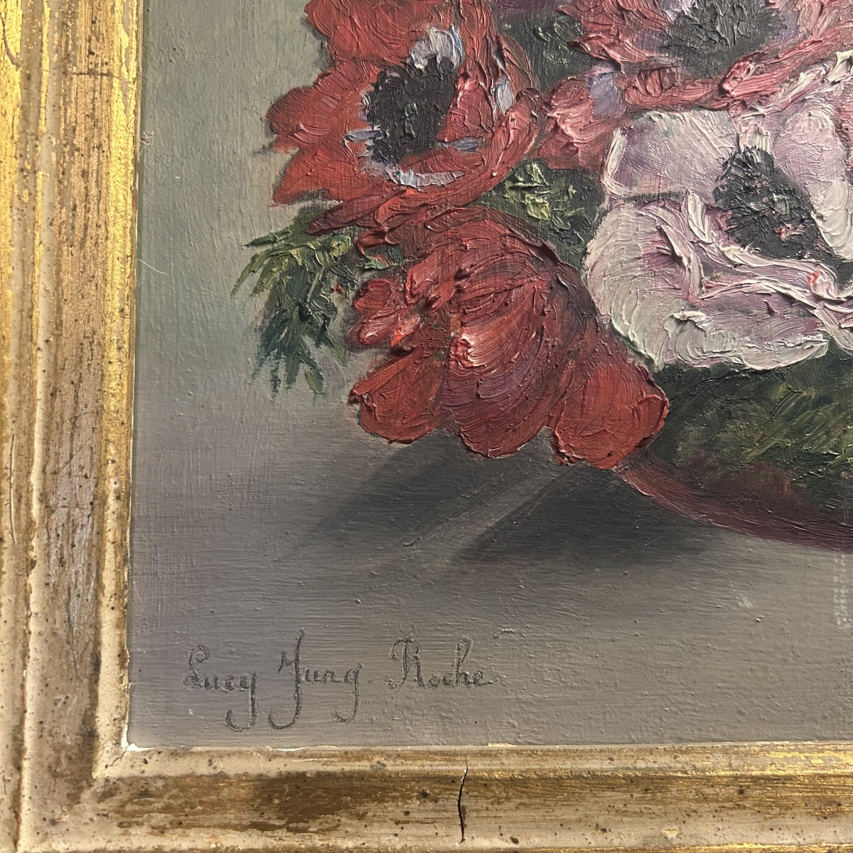 Hsp Painting, Still Life With Flowers, “pensées,” Signed Lucy Jung Roche, 20th Century-photo-4