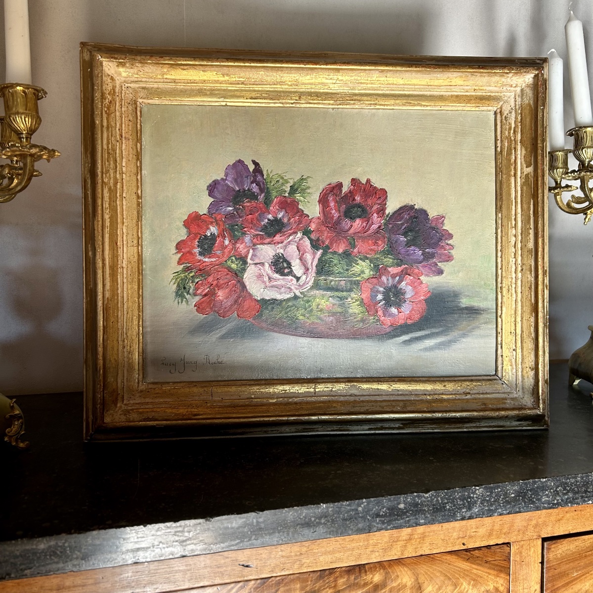 Tableau HSP, Nature Morte aux Fleurs, "Anémones", Signée Lucy JUNG ROCHE-photo-2