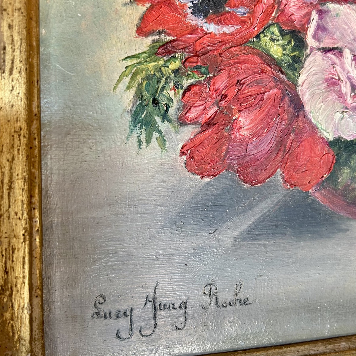 Tableau HSP, Nature Morte aux Fleurs, "Anémones", Signée Lucy JUNG ROCHE-photo-3