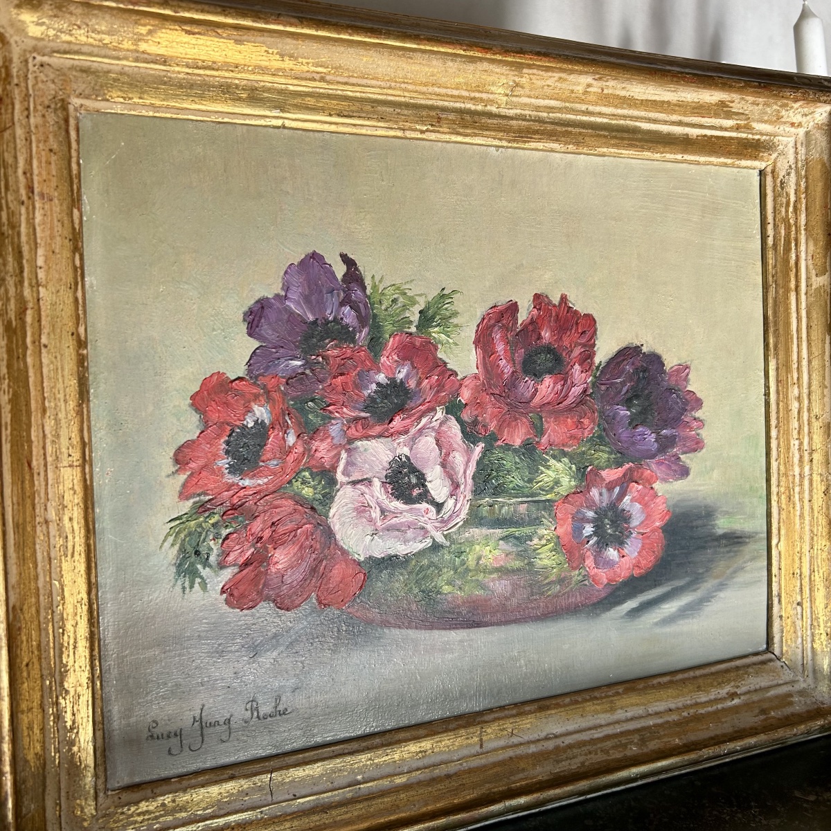 Tableau HSP, Nature Morte aux Fleurs, "Anémones", Signée Lucy JUNG ROCHE-photo-4