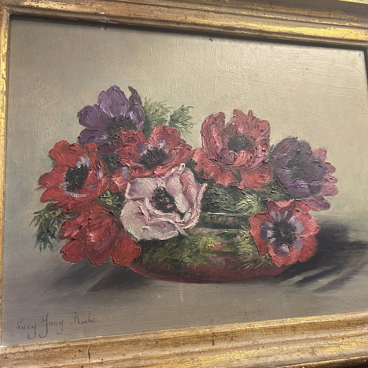 Hsp Painting, Still Life With Flowers, “pensées,” Signed Lucy Jung Roche, 20th Century-photo-2