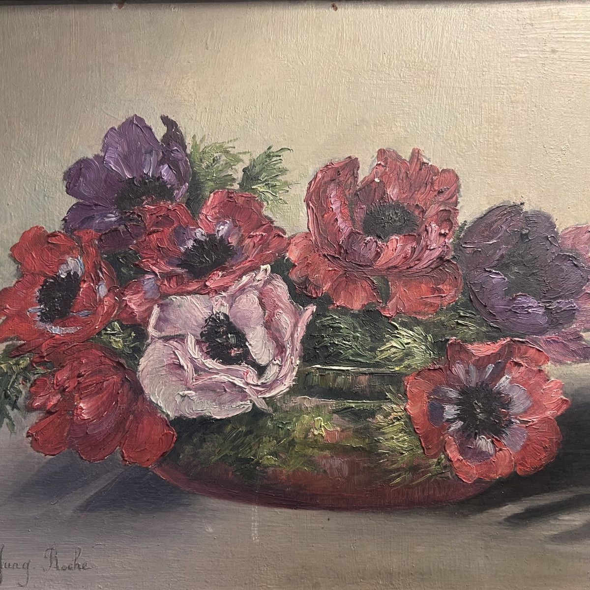Hsp Painting, Still Life With Flowers, “pensées,” Signed Lucy Jung Roche, 20th Century-photo-3