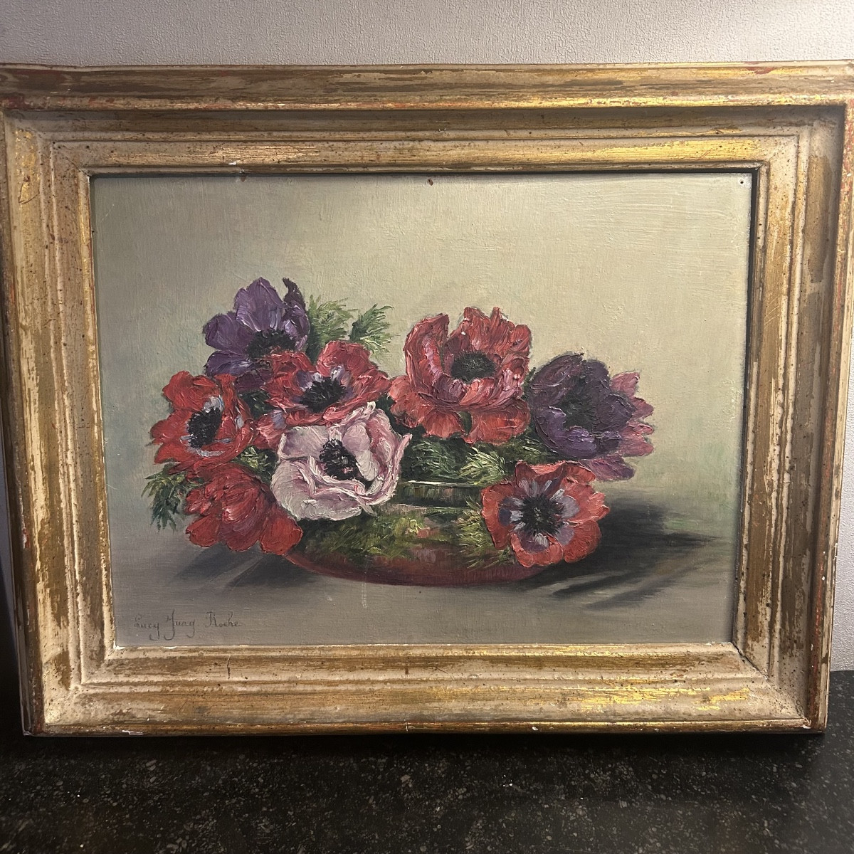 Hsp Painting, Still Life With Flowers, “pensées,” Signed Lucy Jung Roche, 20th Century-photo-4