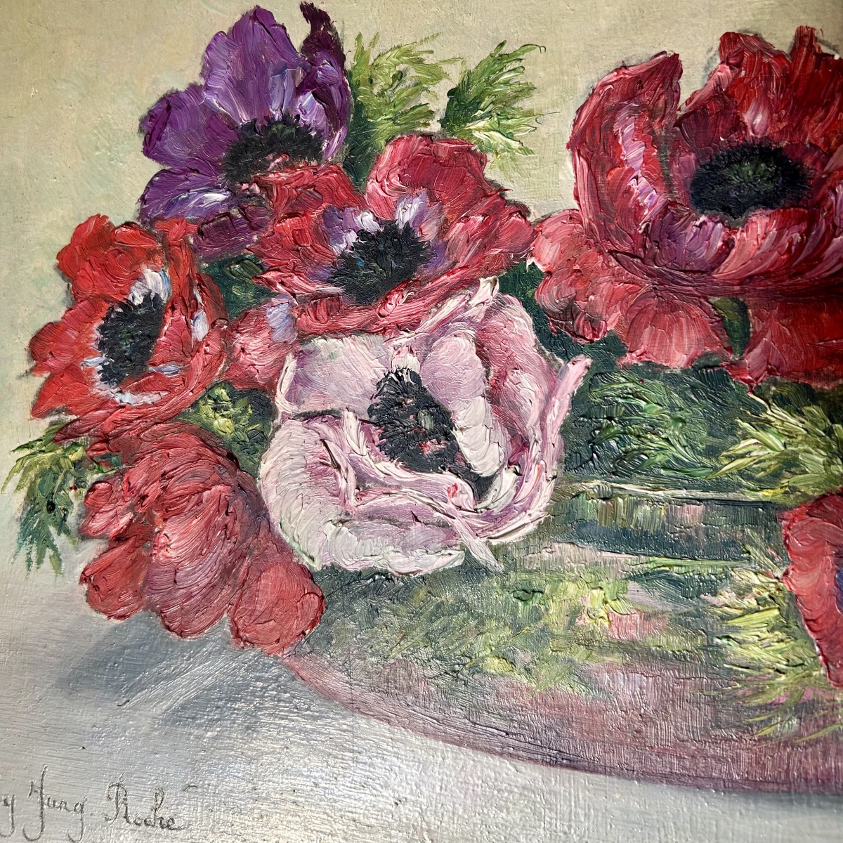 Tableau HSP, Nature Morte aux Fleurs, "Anémones", Signée Lucy JUNG ROCHE-photo-2