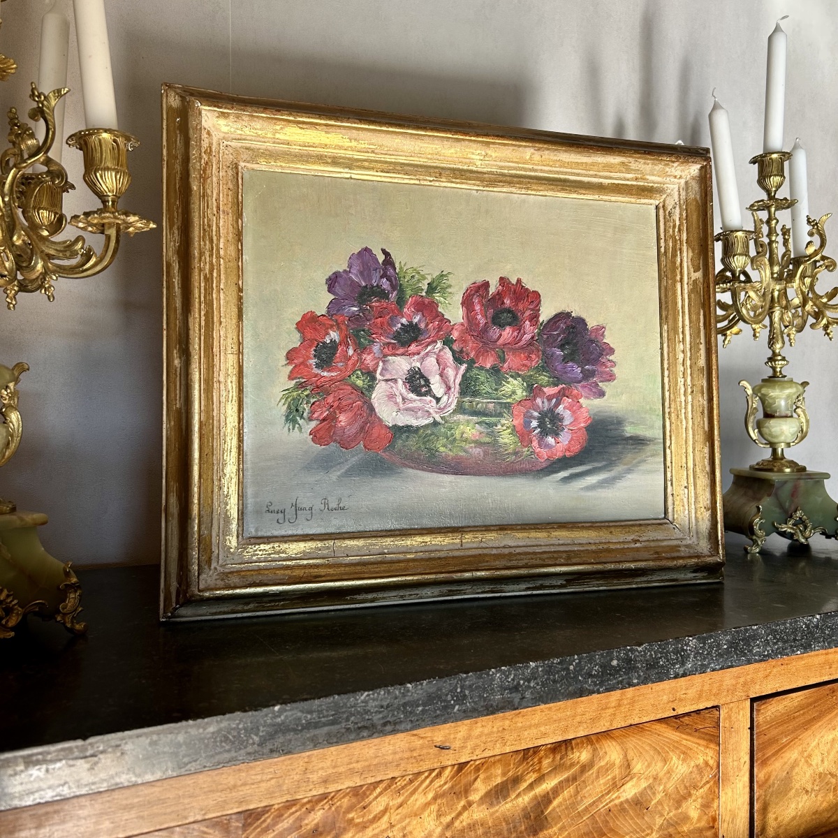 Tableau HSP, Nature Morte aux Fleurs, "Anémones", Signée Lucy JUNG ROCHE-photo-6