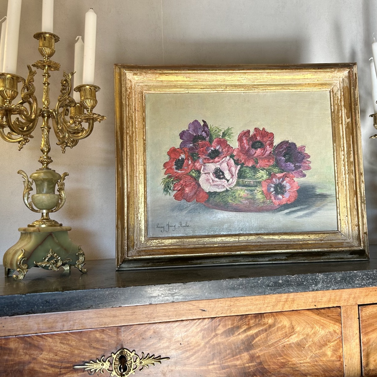 Tableau HSP, Nature Morte aux Fleurs, "Anémones", Signée Lucy JUNG ROCHE