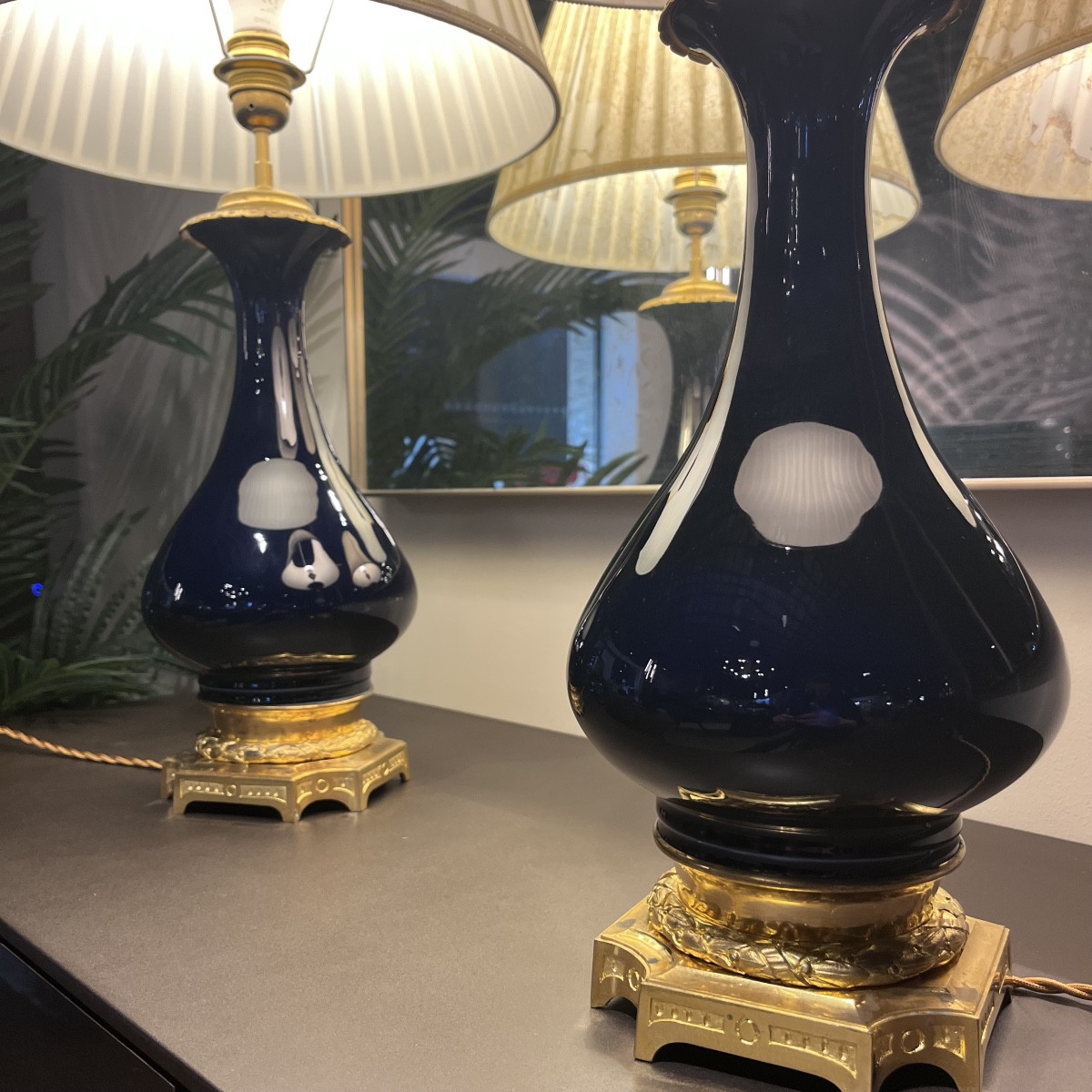 Paire de Lampes en Porcelaine Bleue Nuit Epoque XIXe Siècle-photo-2