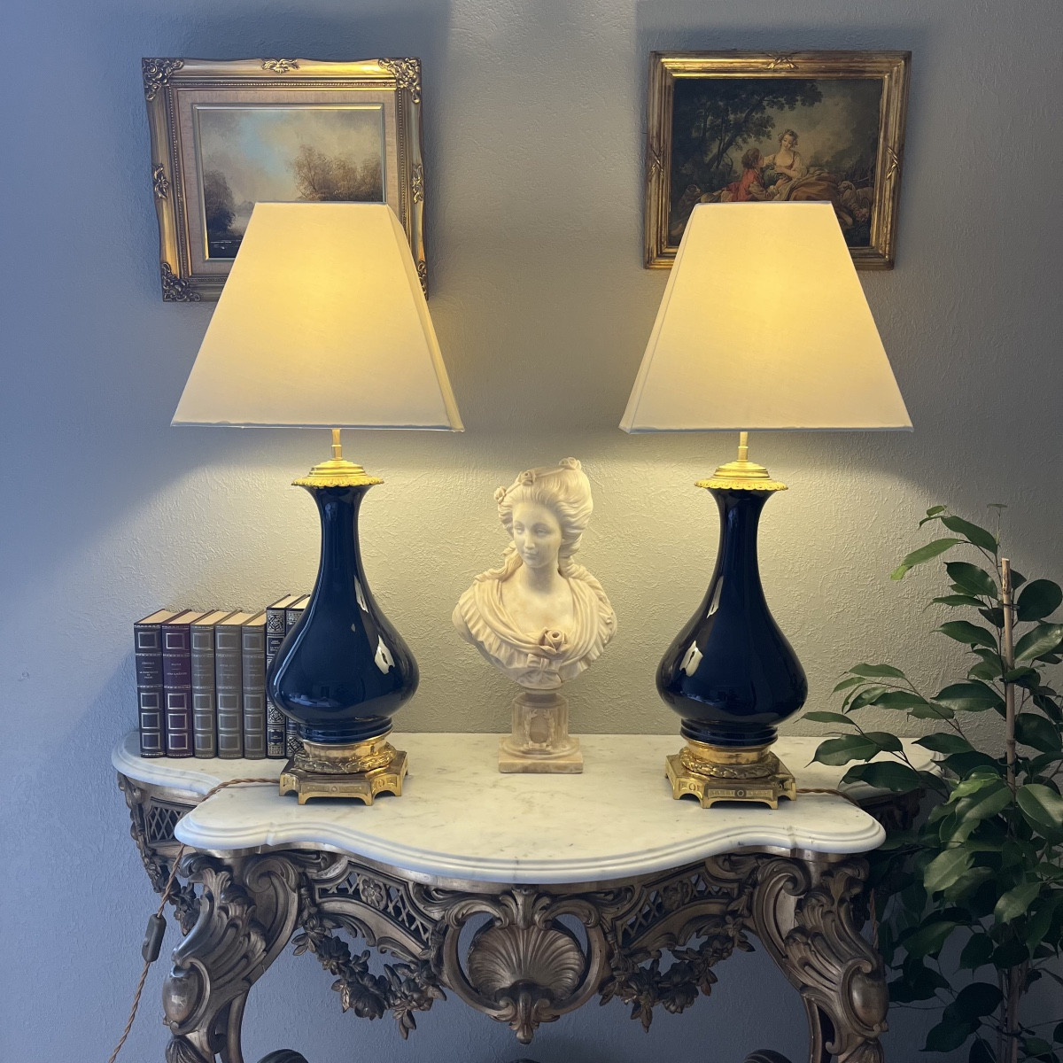 Pair Of Blue Porcelain Lamps, 19th Century-photo-2