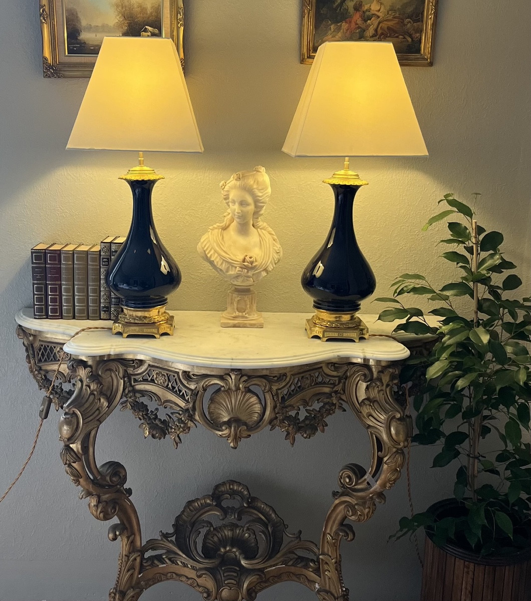 Pair Of Blue Porcelain Lamps, 19th Century-photo-2