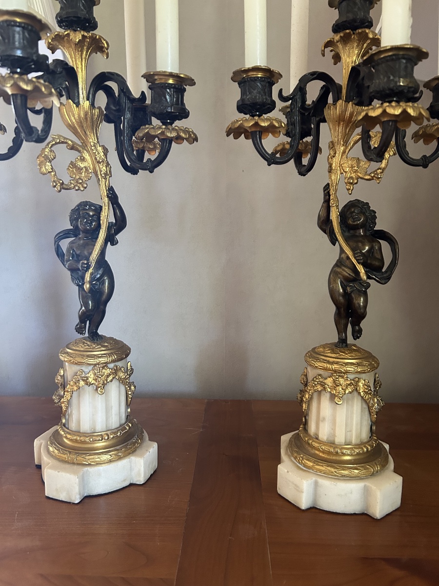 Paire de Candélabres aux Putti en Bronze - XIXème Siècle-photo-1