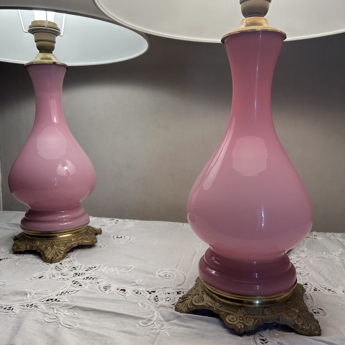 Pair Of Pink Opaline Lamps, 19th Century-photo-3