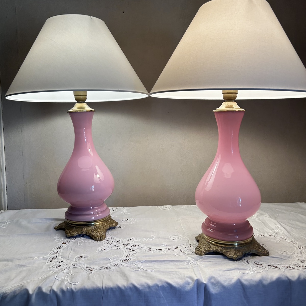 Pair Of Pink Opaline Lamps, 19th Century-photo-4