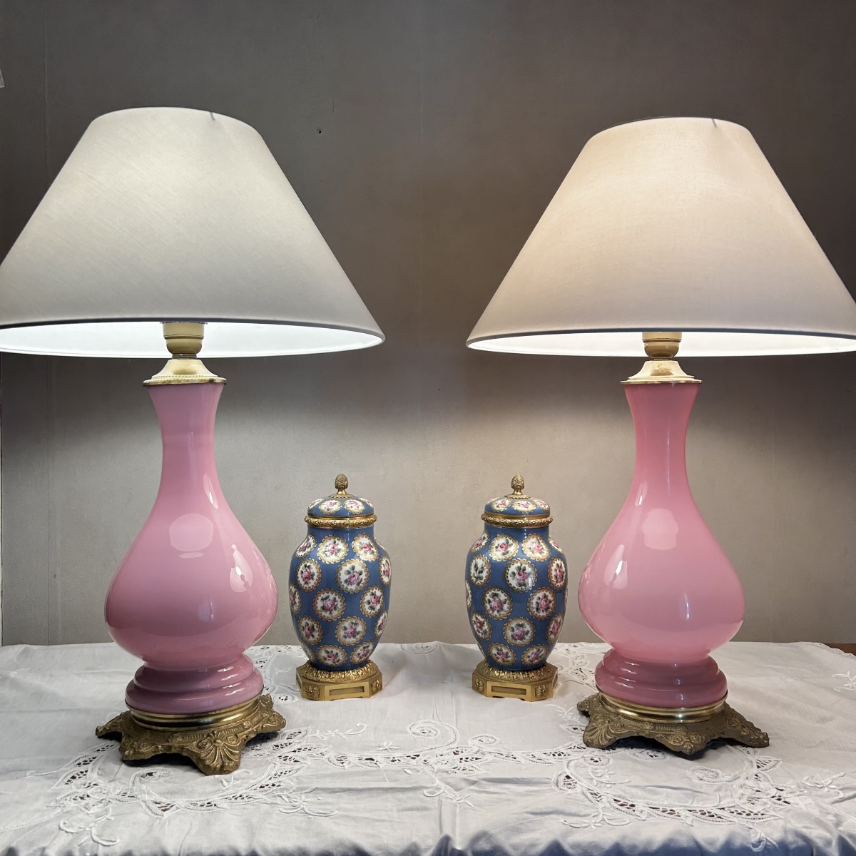 Pair Of Pink Opaline Lamps, 19th Century