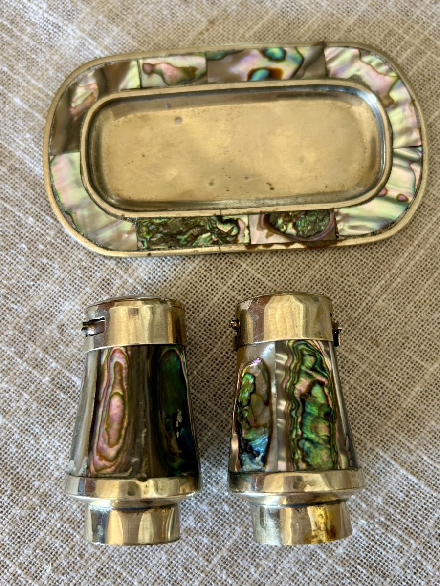 Paire de Salières et Poivrières en Incrustation de Nacre -photo-4
