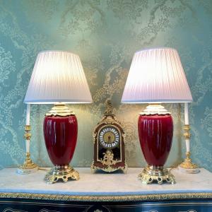 Paire De Lampes En Porcelaine Rouge Sang De Boeuf - XIXème Siècle