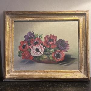 Hsp Painting, Still Life With Flowers, “pensées,” Signed Lucy Jung Roche, 20th Century
