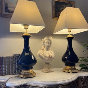 Pair Of Blue Porcelain Lamps, 19th Century