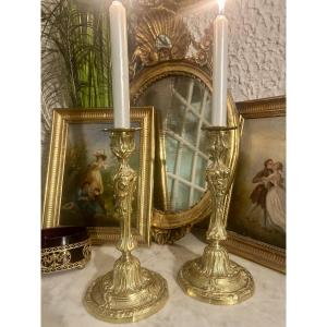 Pair Of Gilded Bronze Candlesticks Or Torchholders, 18th Century