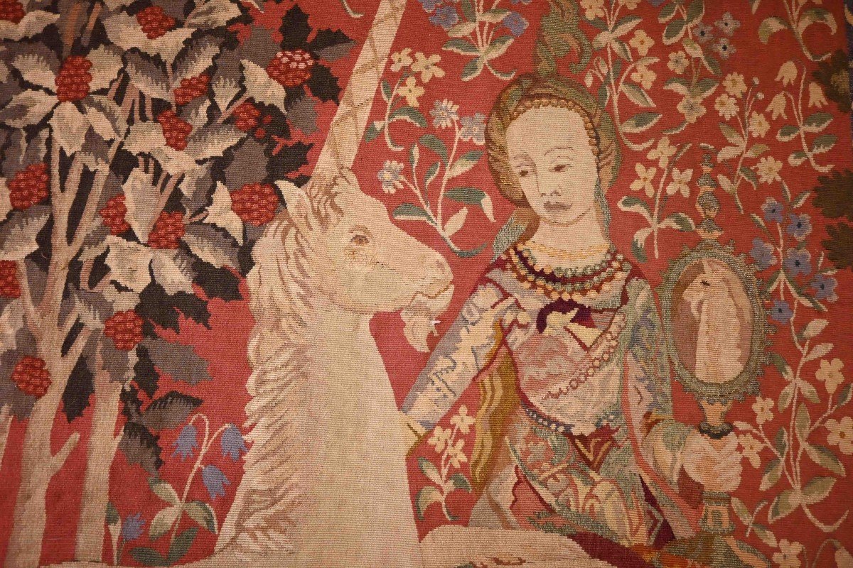 The Lady And The Unicorn - Medieval Style Tapestry From Aubusson Manufacture 19th Century - N° 1355-photo-4