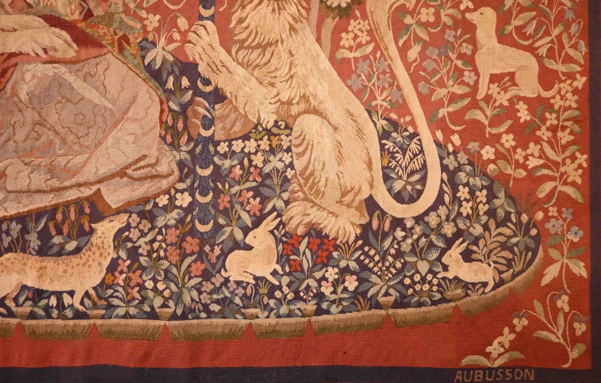 The Lady And The Unicorn - Medieval Style Tapestry From Aubusson Manufacture 19th Century - N° 1355-photo-2