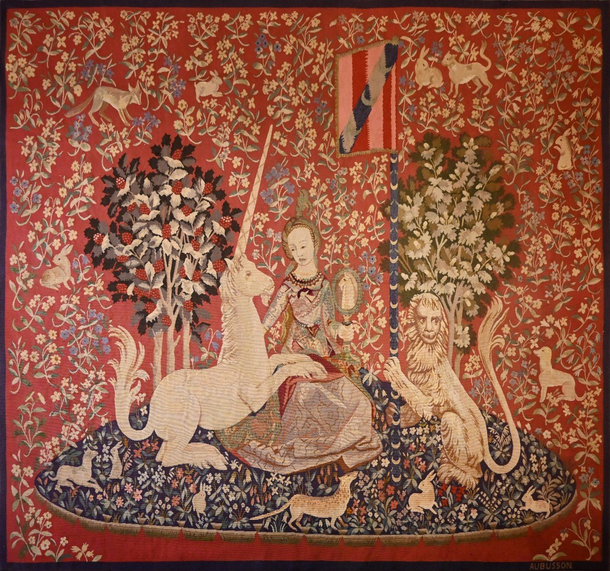 The Lady And The Unicorn - Medieval Style Tapestry From Aubusson Manufacture 19th Century - N° 1355