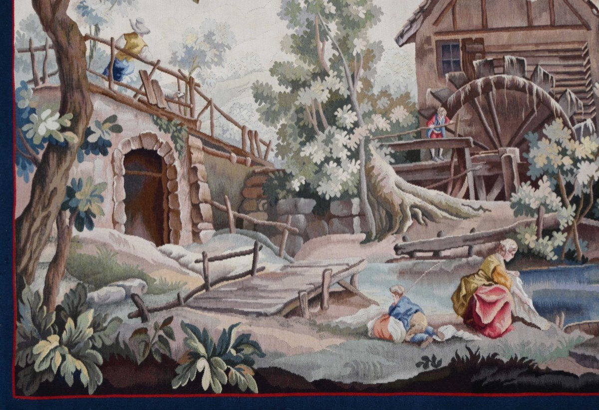 Tapestry Signed Aubusson - Washerwomen Near A Mill, After Alexandre Rene Veron - No. 1596-photo-2