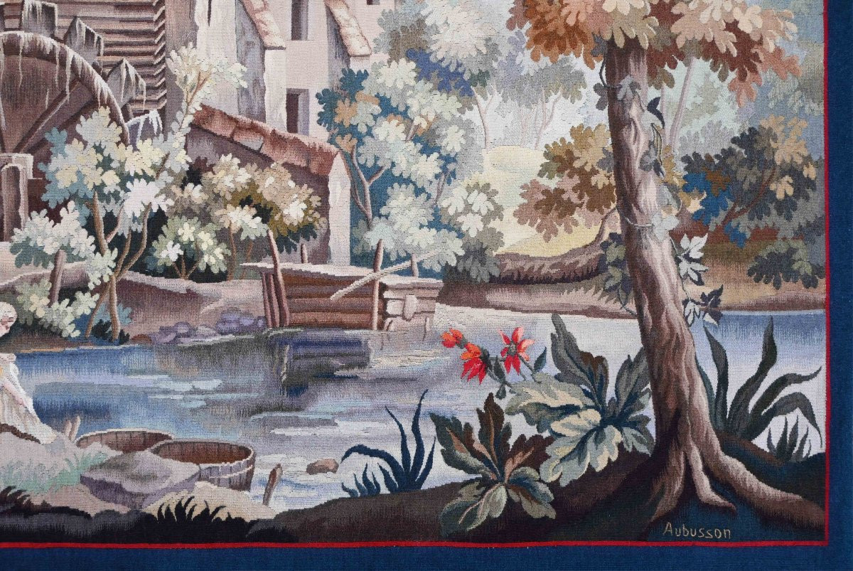 Tapestry Signed Aubusson - Washerwomen Near A Mill, After Alexandre Rene Veron - No. 1596-photo-1