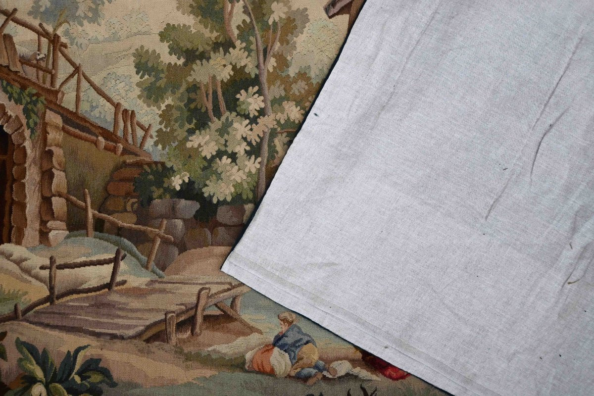 Tapestry Signed Aubusson - Washerwomen Near A Mill, After Alexandre Rene Veron - No. 1596-photo-5