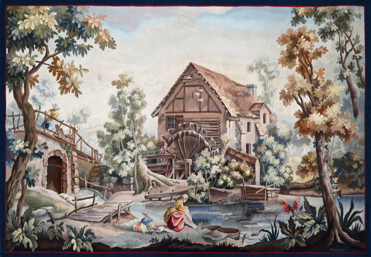 Tapestry Signed Aubusson - Washerwomen Near A Mill, After Alexandre Rene Veron - No. 1596